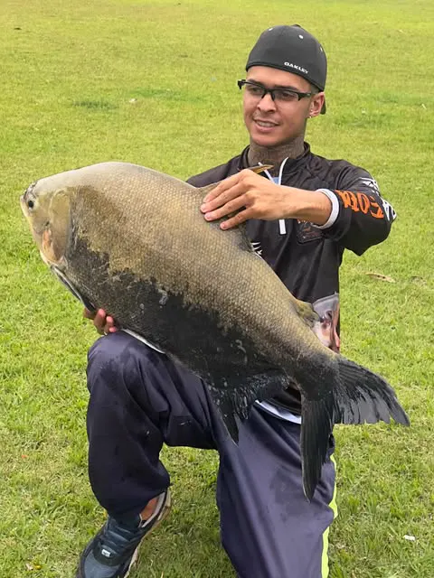 Pescador ajoelhado na grama com tambaqui
